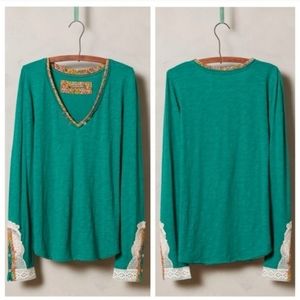 Anthropologie Little Yellow Button Crochet Cuff Sleeve Tee